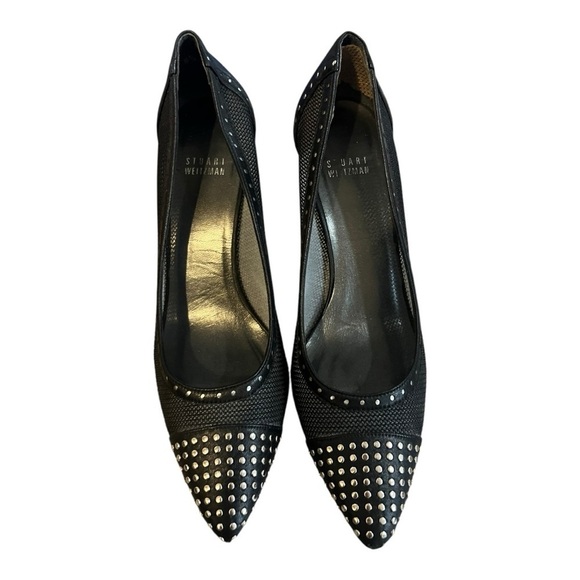 Stuart Weitzman Womens Black Leather Studded Pointy Toe Heels Size 8.5 M - Picture 2 of 8